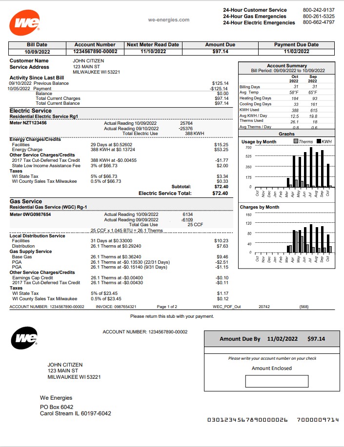USA Wisconsin We Energies electricity utility bill template in Word and PDF format